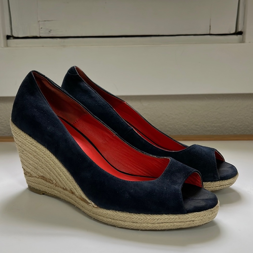 Boden navy suede open toe espadrilles wedges